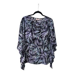 Quacker Factory by Jeanne Bice Black Purple Poncho Top Embellished Leaf Size SM